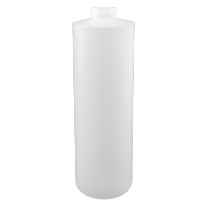 A white, natural HDPE cylinder bottle with a 28/400 neck size.