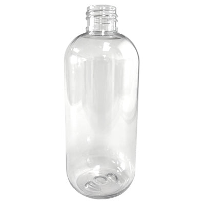Clear 8oz PET Boston Round bottle with 24/410 neck finish from Bottle Source Corporation, showing the smooth, transparent container.