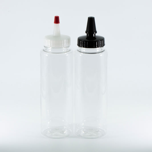 250ml (8oz) Clear PET Sauce Bottle with Yorker Black Spout Cap and Tip | SKU: BSB-066BS