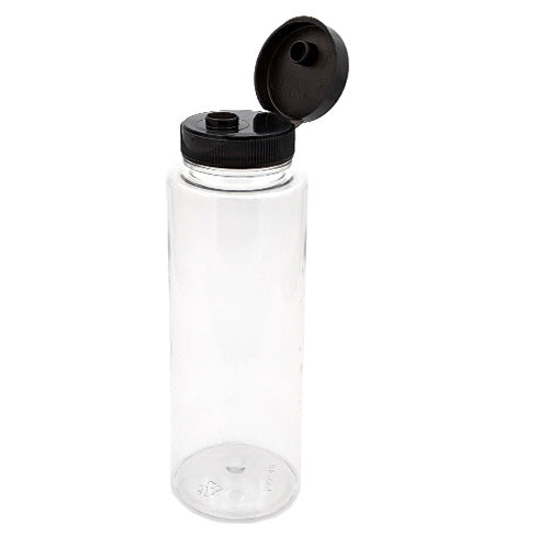 Clear 250ml PET sauce bottle with black snap cap from Bottle Source Corporation, shown with transparent body and secure cap.