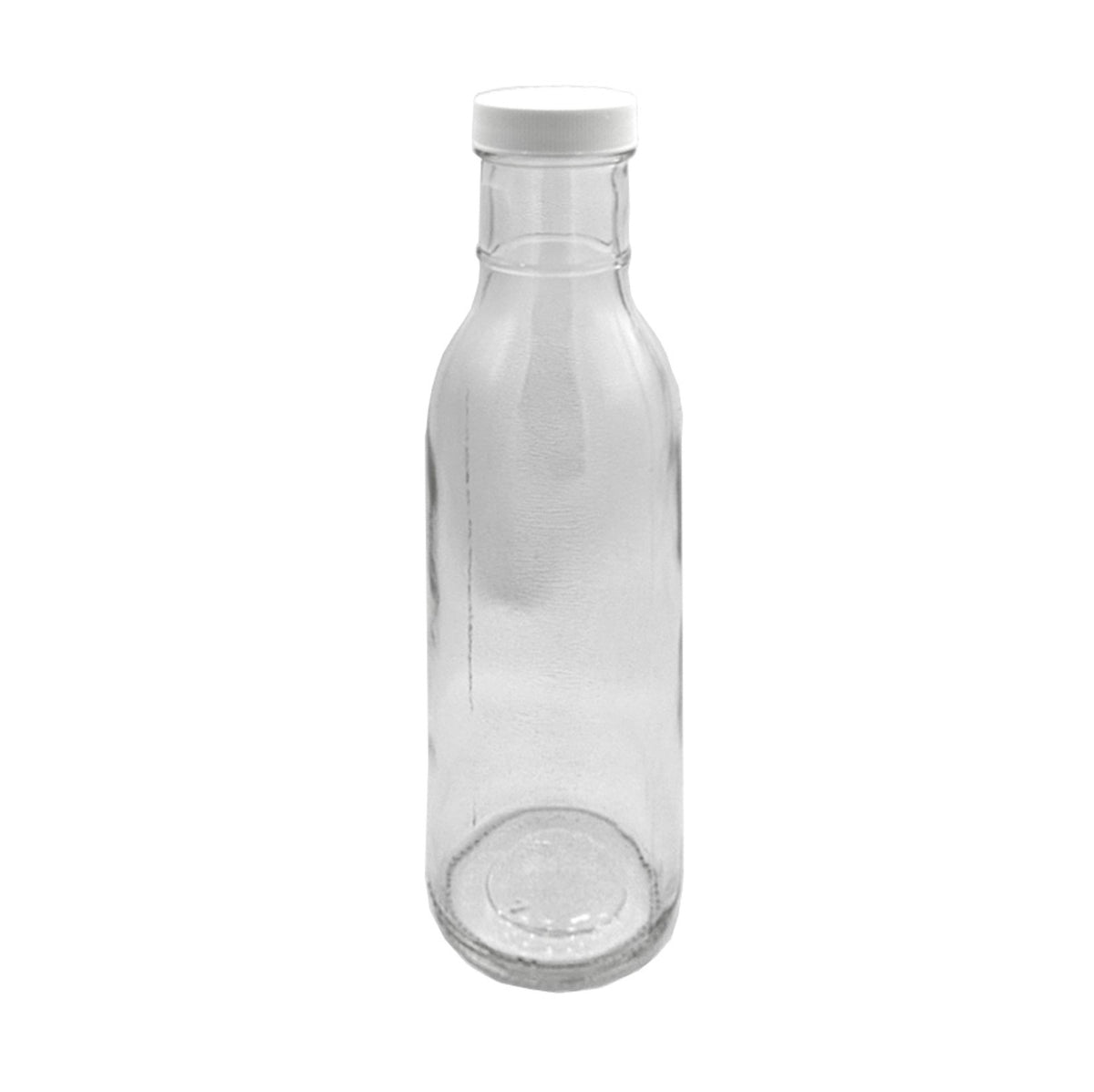12oz (355ml) Clear Glass Sauce Bottle with 38/400 White Cap, by Bottle Source Corporation.