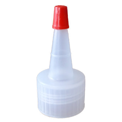 Natural spout cap with red tip for 20/410 bottles, made by Bottle Source Corporation, shown in close-up view.