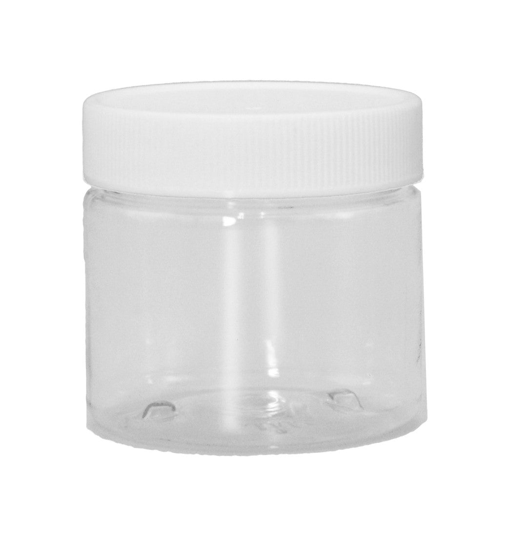 Clear 1oz PET jar with white cap, 38/400 size, by Bottle Source Corporation, shown with transparent body and secure closure.