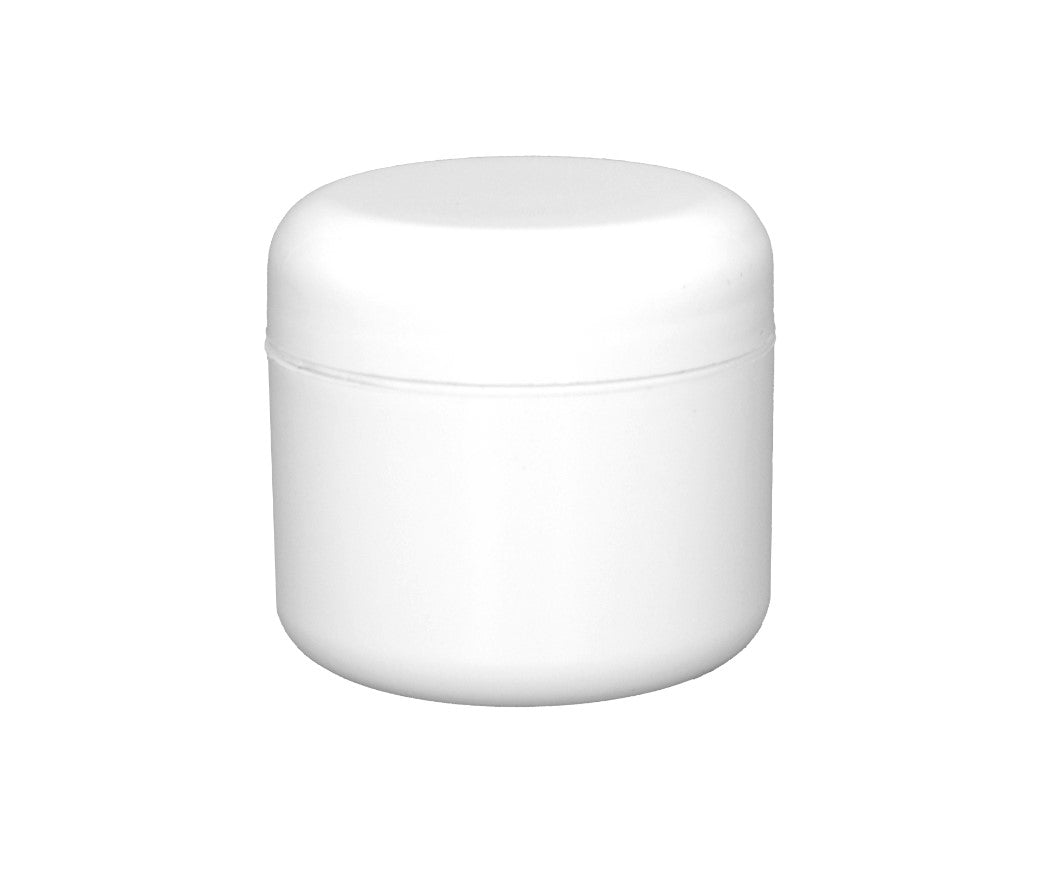 8oz white plastic double wall round base jar with 89/400 dome cap by Bottle Source Corporation, shown with clear lid.