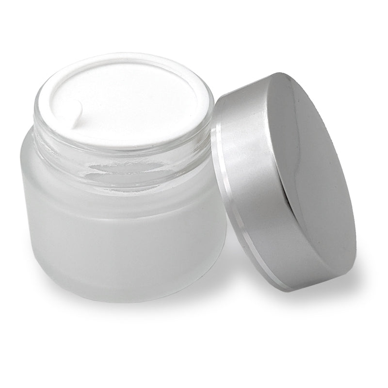 Frosted glass jar with silver metal cap and disc, 100ml capacity, by Bottle Source Corporation, shown with closed lid.