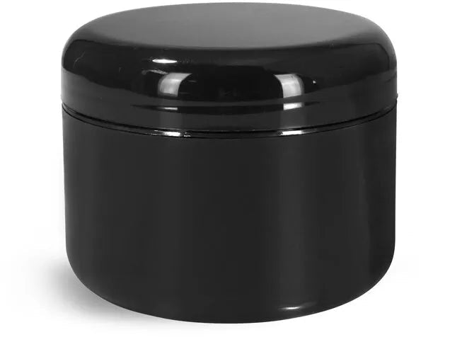 A black round-based jar with a dome cap, made of black plastic material.