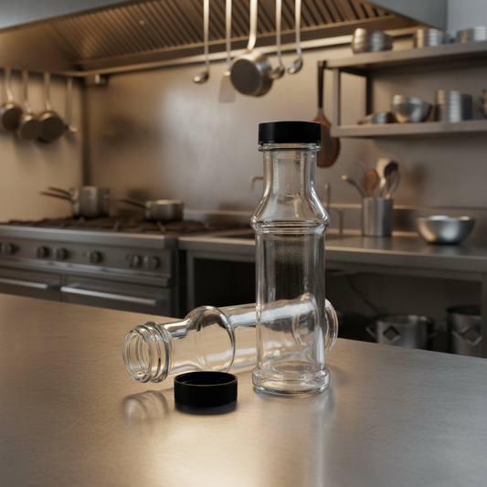 100ML / 3.5oz Glass Woozy Sauce Juice Bottle with Black Cap | SKU: BSB-222