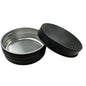 Metal tin with black lid on a white background