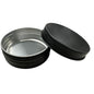 Metal tin with black lid on a white background