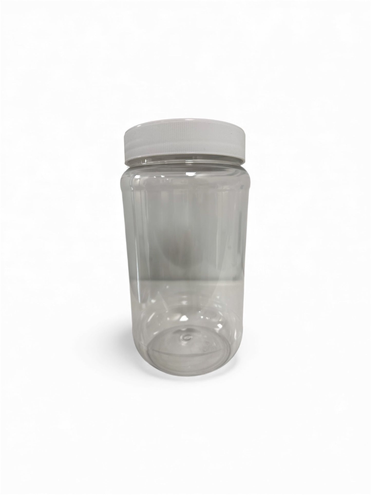 Clear plastic jar with a white lid on a white background