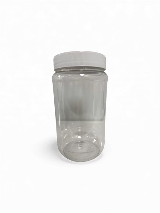 Clear plastic jar with a white lid on a white background