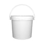 A white plastic pail with a lid and a handle, against a plain background.