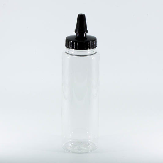 250ml (8oz) Clear PET Sauce Bottle with Yorker Black Spout Cap and Tip | SKU: BSB-066BS