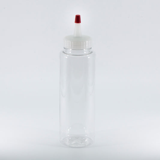 250ml (8oz) Clear PET Sauce Bottle with Yorker Natural Spout Cap and Red Tip | SKU: BSB-066NS