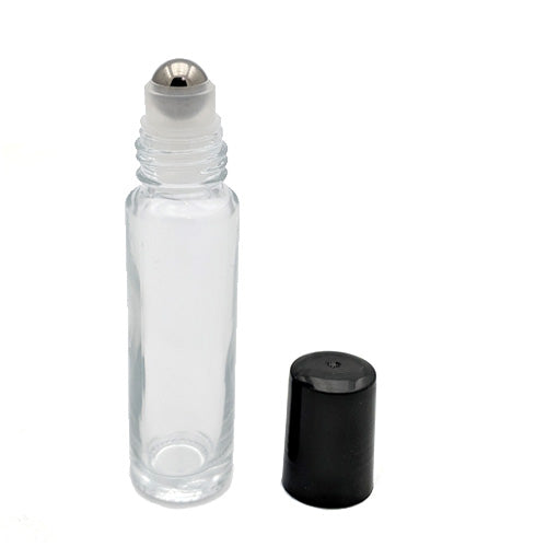 Roll-on en verre transparent de 10 ml avec bille en métal et capuchon noir SKU:BSB-095