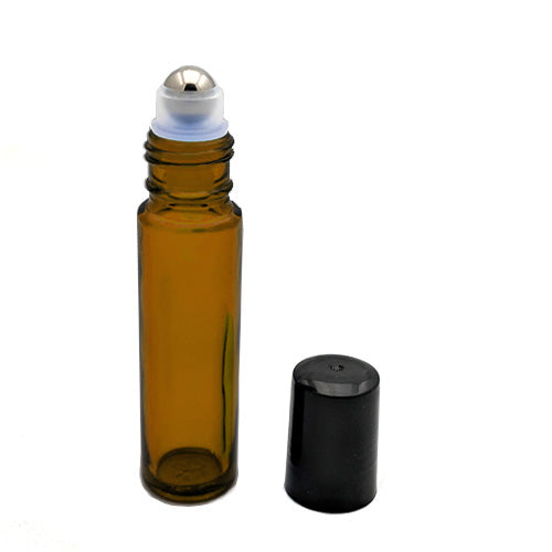 10ml Amber Glass Roll-on with Metal Ball & Black Cap | SKU: BSB-096