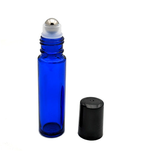 10ml Blue Glass Roll-on bottle with Metal Ball & Black Cap | SKU: BSB-097