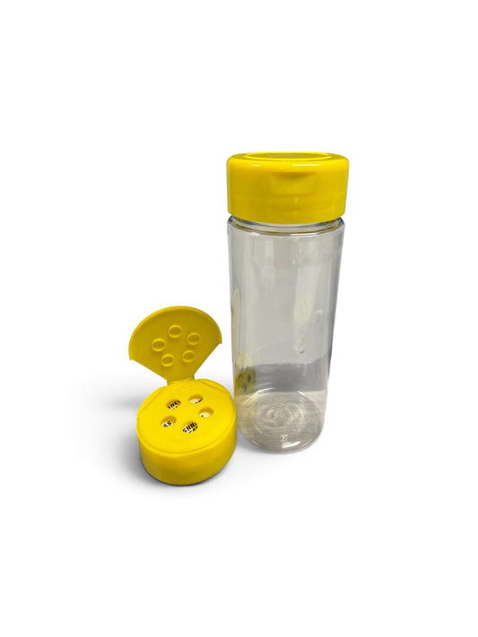 5oz spice bottle with yellow spice cap from Bottle Source Corporation, showing clear glass body and colorful cap.