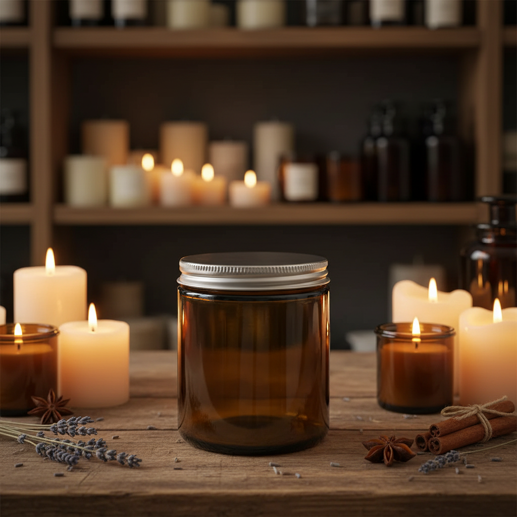 Aromatherapy setup with candles, a jar, and herbs on a wooden surface.