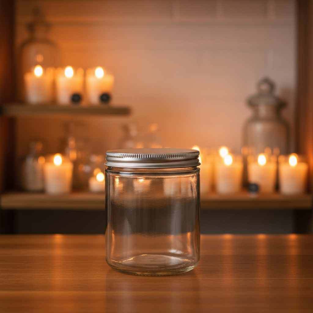 Clear glass jar with a metal lid on a wooden surface, with candles in the background