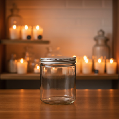 Clear glass jar with a metal lid on a wooden surface, with candles in the background
