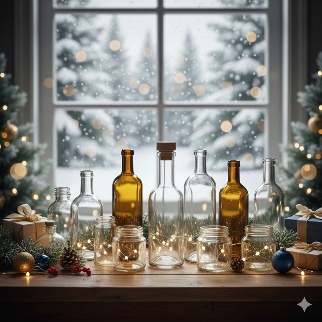 Decorative glass bottles and jars on a table with a snowy window background