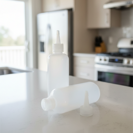 Natural plastic bottles on a kitchen counter with a blurred background