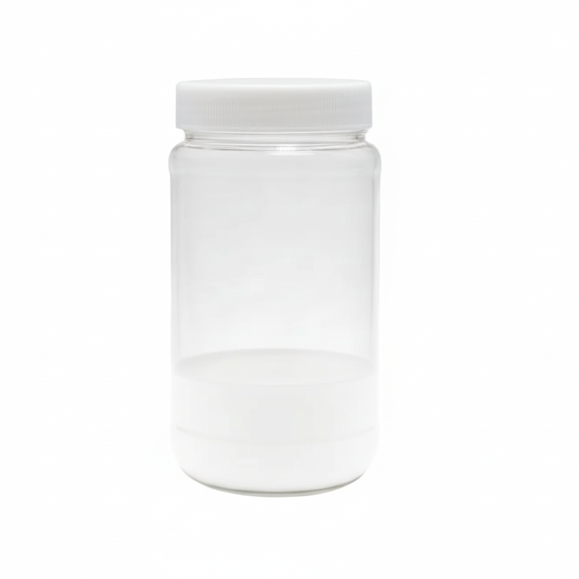 Clear plastic jar with a white lid on a white background