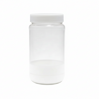 Clear plastic jar with a white lid on a white background