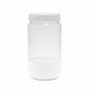 Clear plastic jar with a white lid on a white background