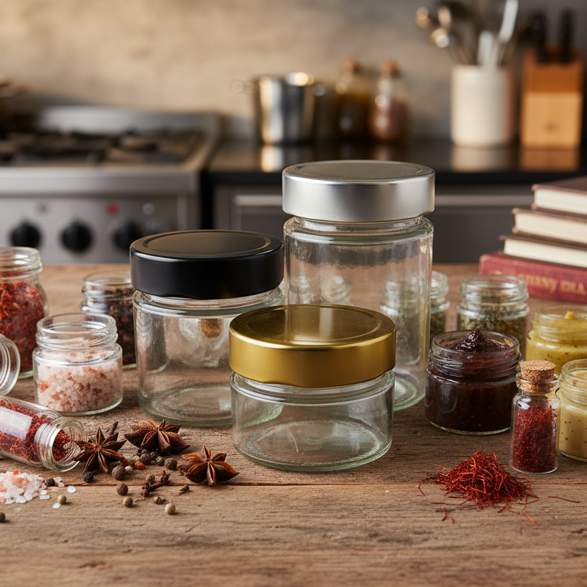 Spices and herbs in glass jars on a wooden surface with a kitchen background