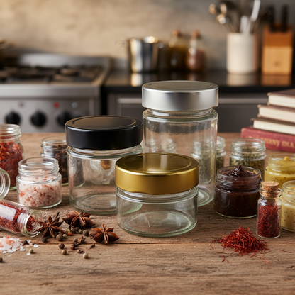 Spices and herbs in glass jars on a wooden surface with a kitchen background