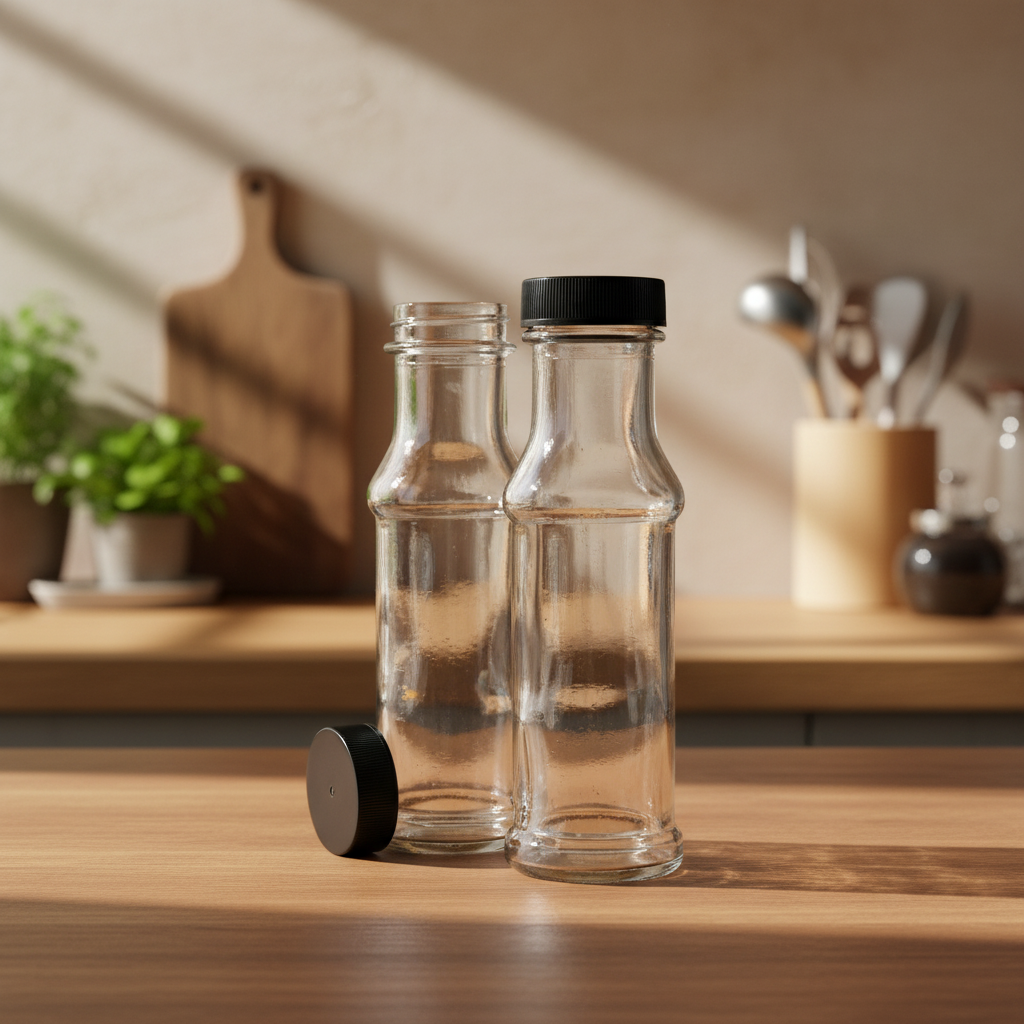 100ML / 3.5oz Glass Woozy Sauce Juice Bottle with Black Cap | SKU: BSB-222