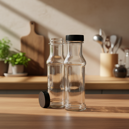 100ML / 3.5oz Glass Woozy Sauce Juice Bottle with Black Cap | SKU: BSB-222